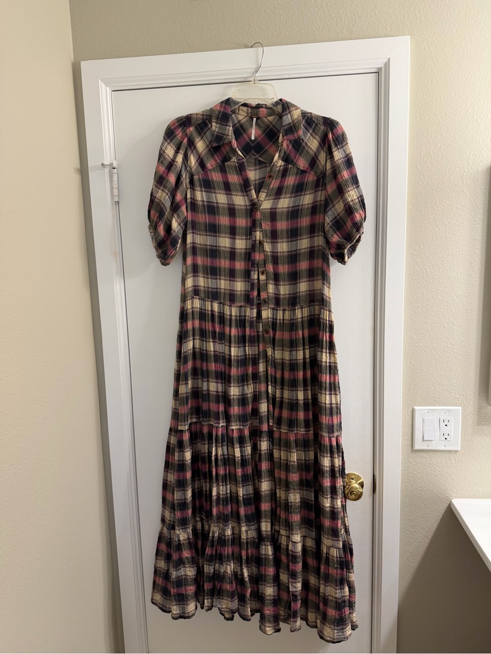 Free people Plaid Button-Front Maxi Dress in Beige and Pink